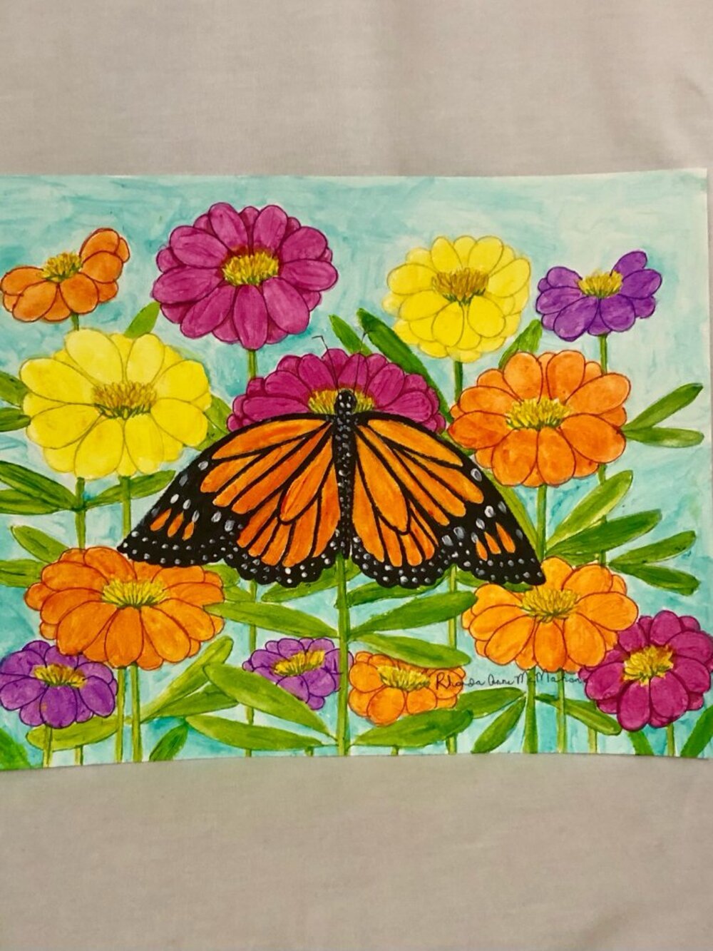Monarch Butterfly on Zinnia Painting